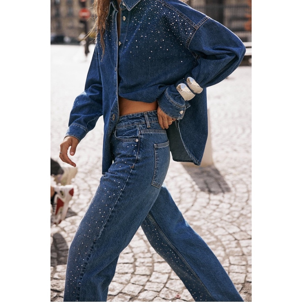 Zara Rhinestone Straight Leg Jeans XS 24 US 2 | High Rise Blue Y2K Party Denim - Picture 12 of 14
